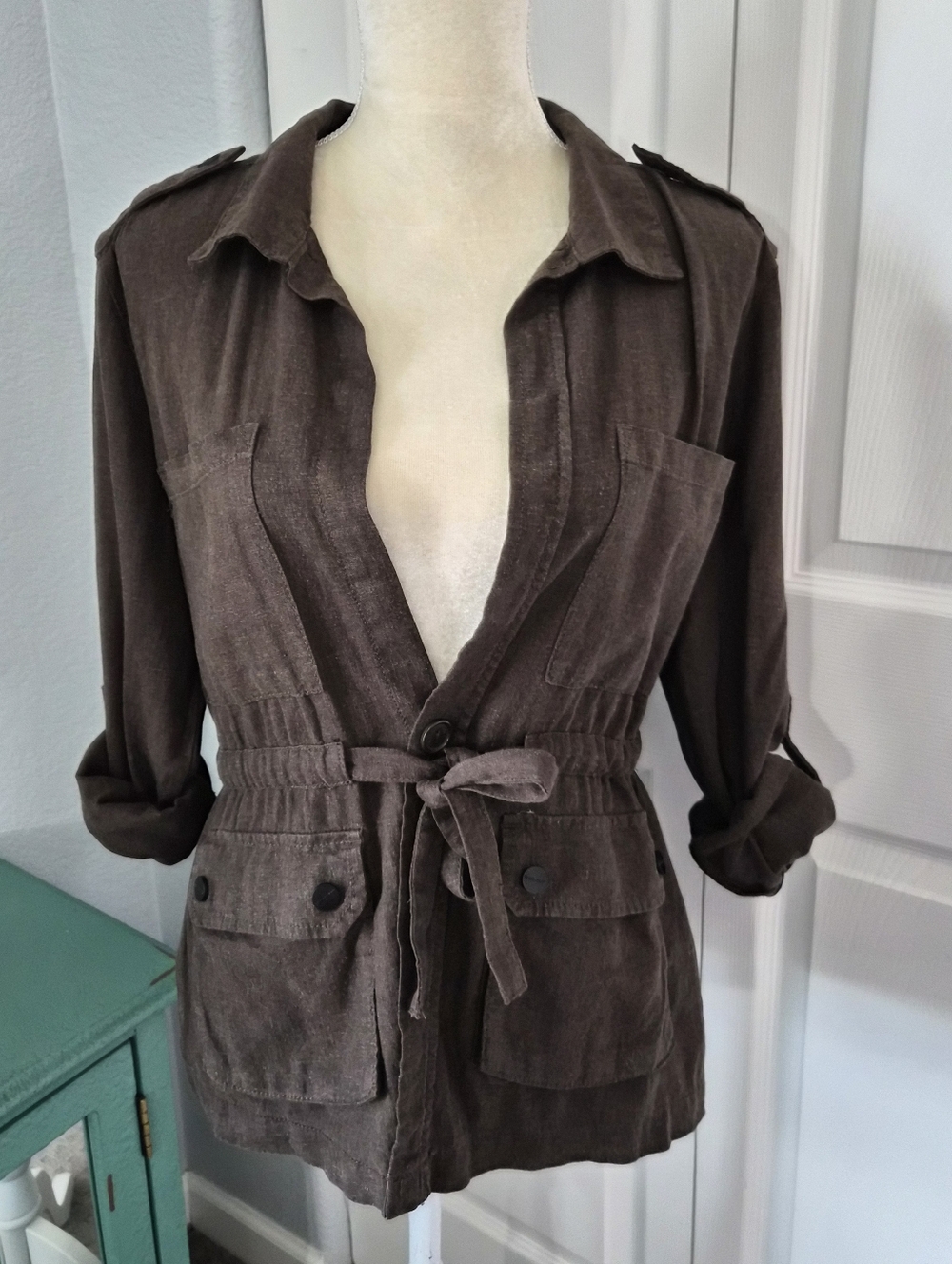 Sanctuary Olive Green Linen Blend Utility Jacket Tie Waist Size Small - Picture 2 of 13